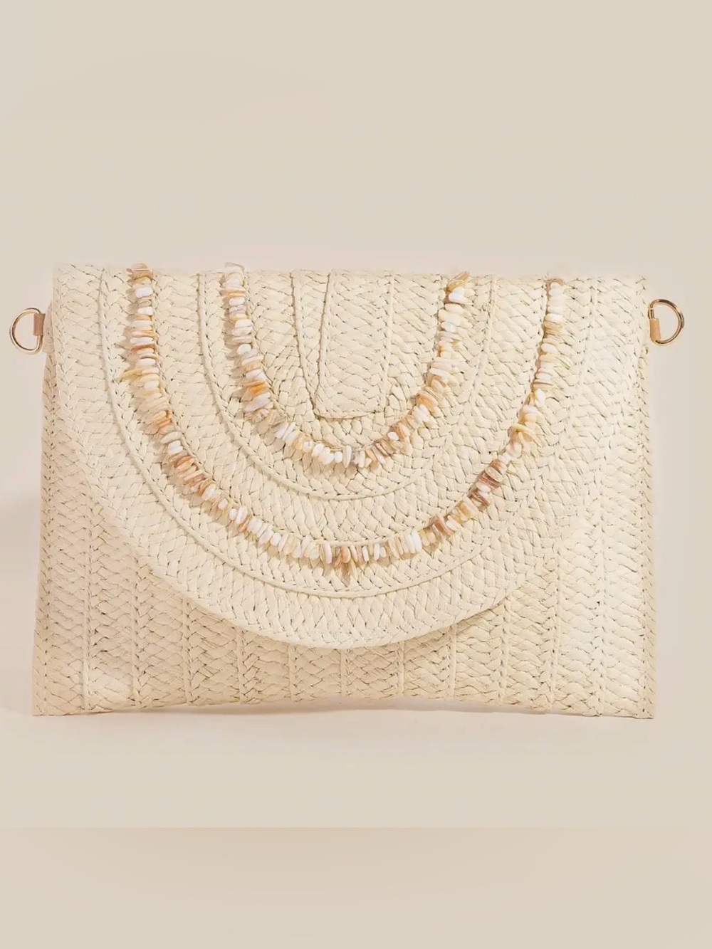 NWT Handmade Woven Shell-Trim Clutch Envelope Handbag Cream Vacation Resort